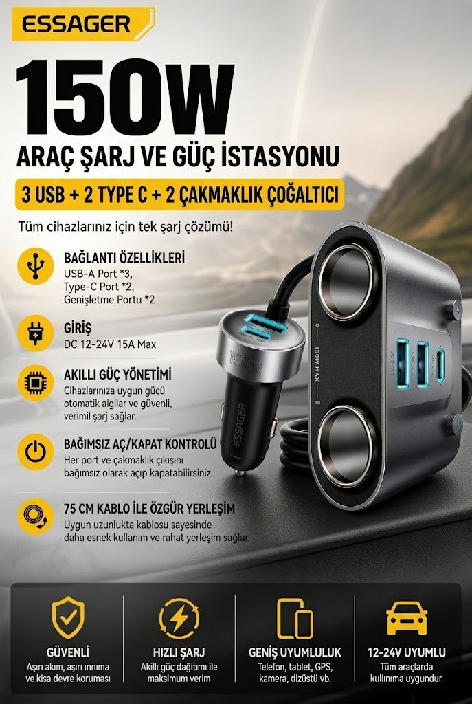 ESSAGER 150W Araç Çakmaklık Çoklayıcı 2 Çakmaklık + 3 USB-A + 2 Type-C 30W Hızlı Şarj 12V-24V Uyumlu