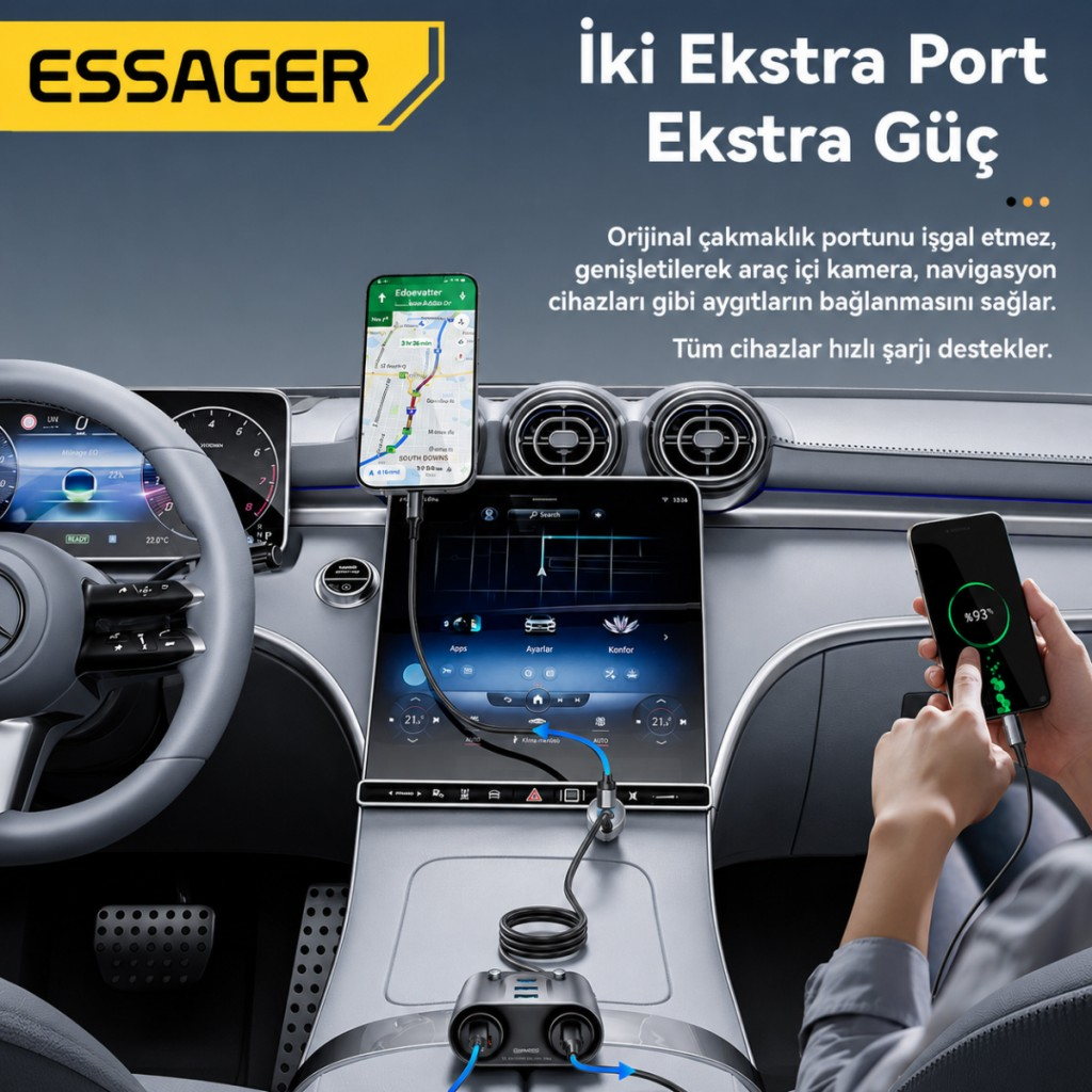 ESSAGER 150W Araç Çakmaklık Çoklayıcı 2 Çakmaklık + 3 USB-A + 2 Type-C 30W Hızlı Şarj 12V-24V Uyumlu