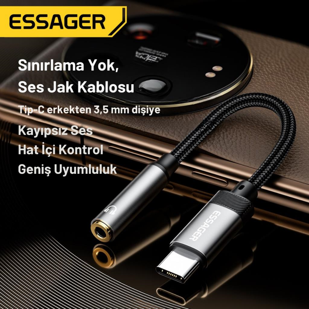 Essager 15CM Type C To 3.5mm Aux Kulaklık Ses Dönüştürücü Adaptör, Hifi Ses Destekli Aux Çevirici
