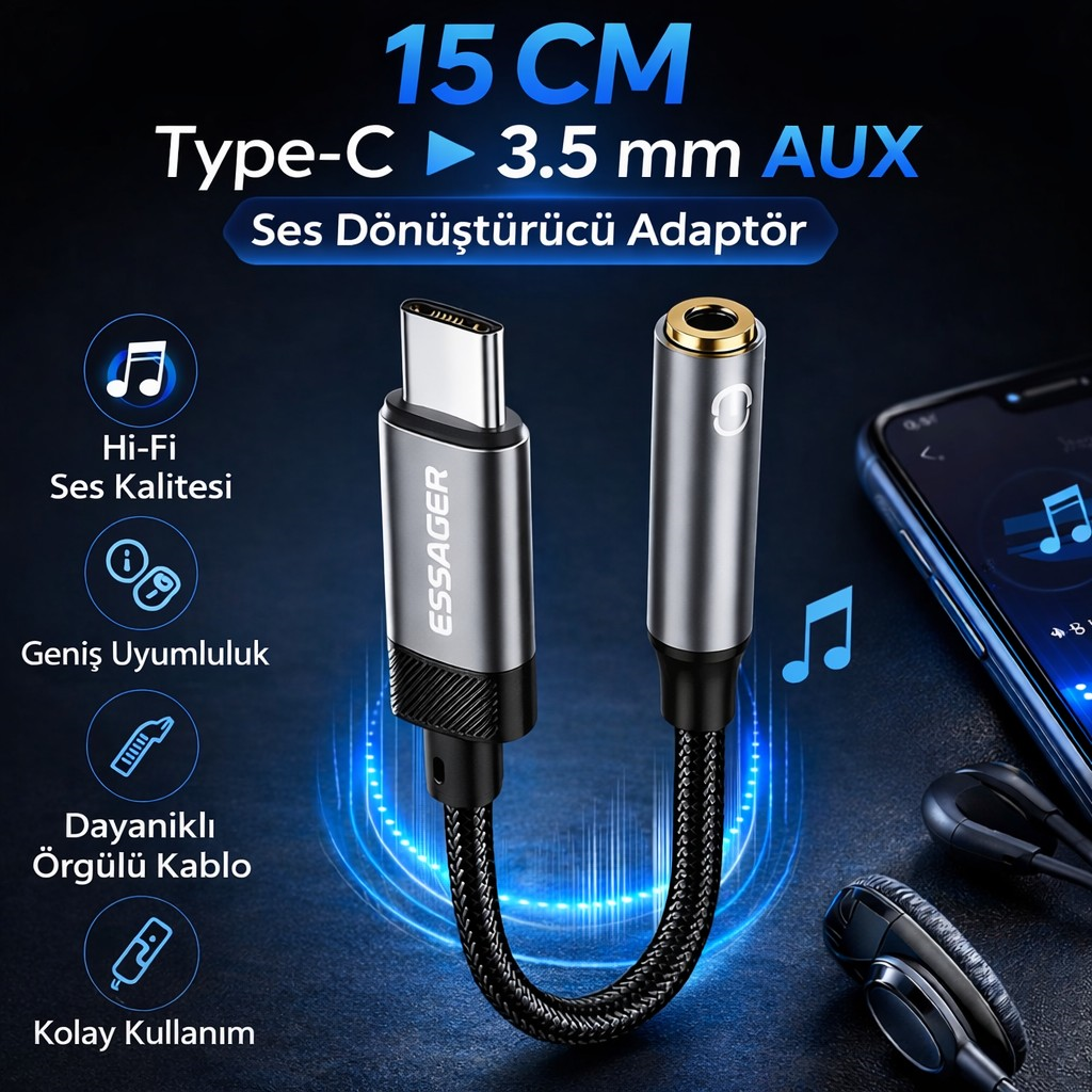 Essager 15CM Type C To 3.5mm Aux Kulaklık Ses Dönüştürücü Adaptör, Hifi Ses Destekli Aux Çevirici