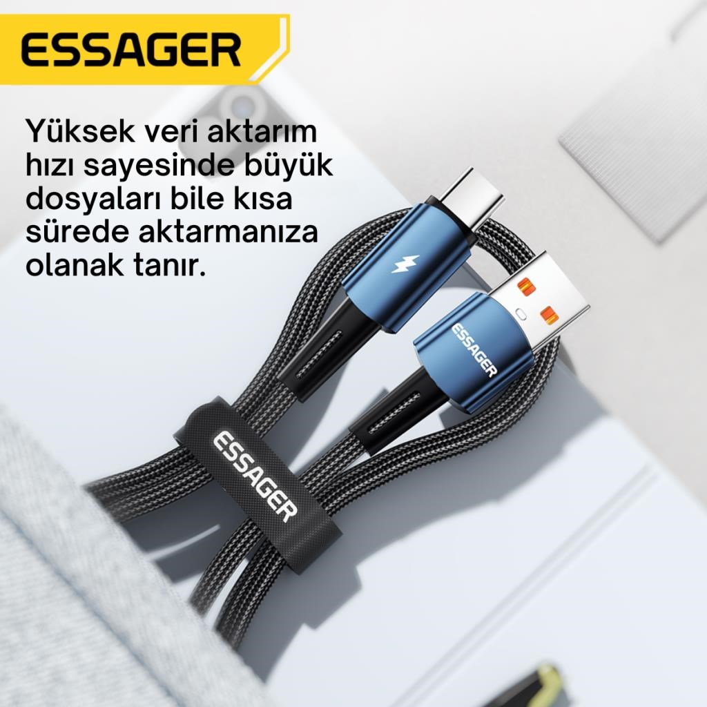 Essager 2 Metre 120W 6A PD3.1 USB to Type-C Mega Hızlı Data Şarj Kablosu, Ultra Sağlam Halat Kablo Kopmaz