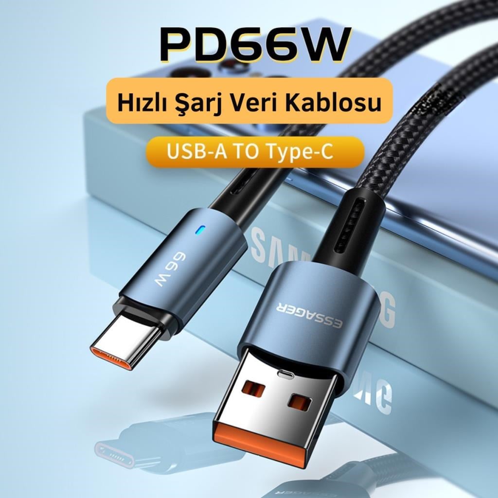 Essager 2 Metre 66W 6A USB to Type-C Süper Hızlı Data Şarj Kablosu, Ultra Dayanıklı Şarj ve Data Kablosu