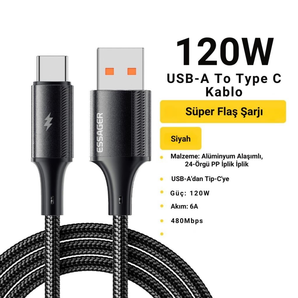 Essager 2 Metre 6A 120W Mega Hızlı USB To Type C Şarj Data Kablosu, Akım,Isı Korumalı, Güçlü Kablo