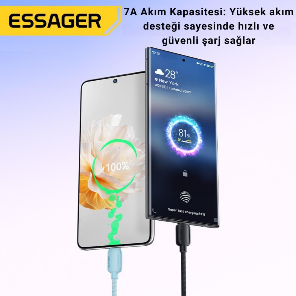 Essager 2 Metre 7A 100W E-Marker Süper Hızlı USB To Type C Şarj Data Kablosu, Akım,Isı, Güçlü Kablo