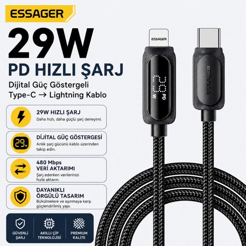 ESSAGER 29W PD Dijital Göstergeli Type-C to Lightning Hızlı Şarj ve Data Kablosu 3A 480Mbps Örgülü
