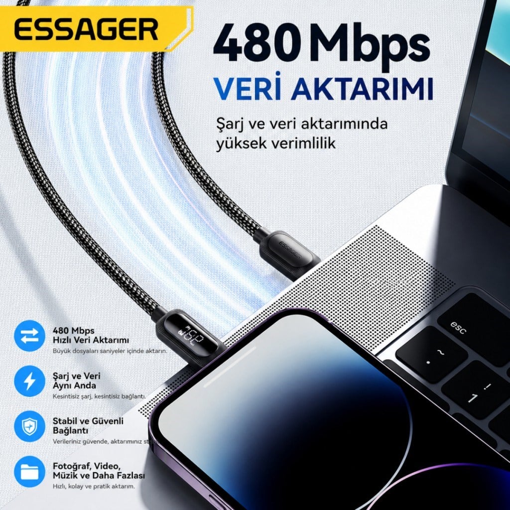 ESSAGER 29W PD Dijital Göstergeli Type-C to Lightning Hızlı Şarj ve Data Kablosu 3A 480Mbps Örgülü