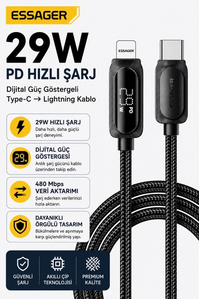 ESSAGER 29W PD Dijital Göstergeli Type-C to Lightning Hızlı Şarj ve Data Kablosu 3A 480Mbps Örgülü
