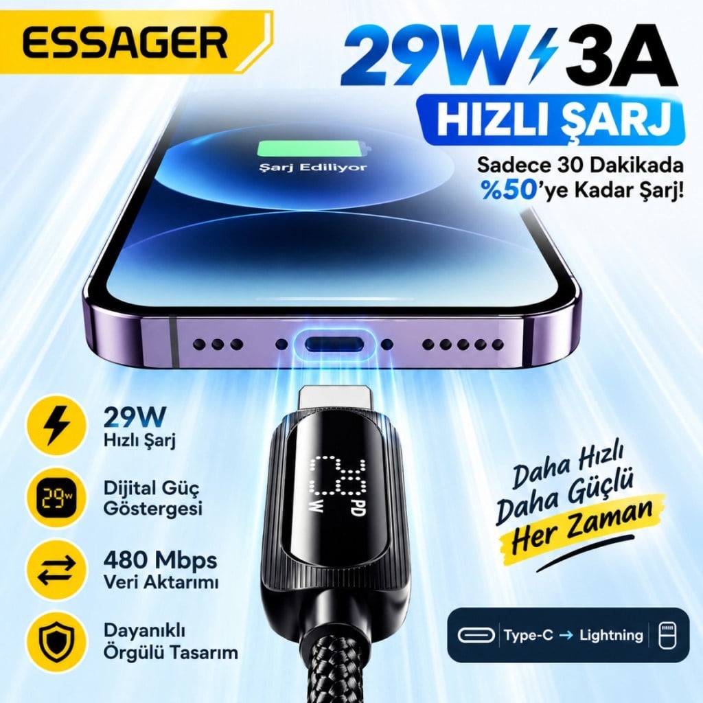 ESSAGER 29W PD Dijital Göstergeli Type-C to Lightning Hızlı Şarj ve Data Kablosu 3A 480Mbps Örgülü