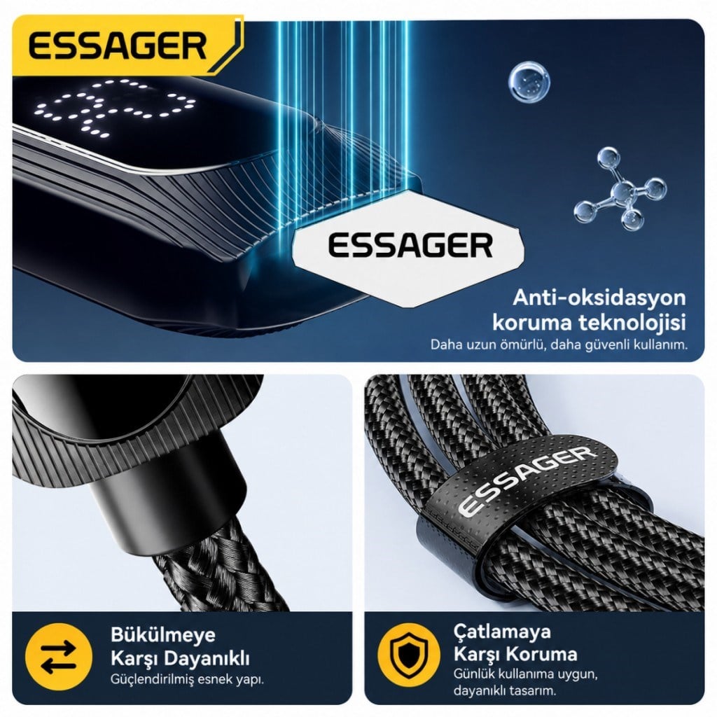 ESSAGER 29W PD Dijital Göstergeli Type-C to Lightning Hızlı Şarj ve Data Kablosu 3A 480Mbps Örgülü