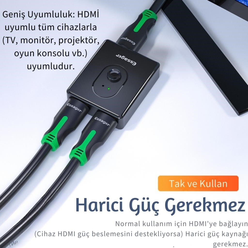 Essager 2in1 Çift Yönlü HDMI Switch Adaptör, 4K 60Hz, Çift Ekran Bağlantılı Çevirici, TV,PC,Projektör