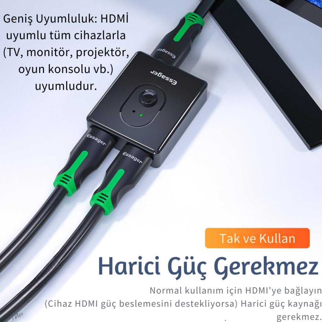Essager 2in1 Çift Yönlü HDMI Switch Adaptör, 4K 60Hz, Çift Ekran Bağlantılı Çevirici, TV,PC,Projektör