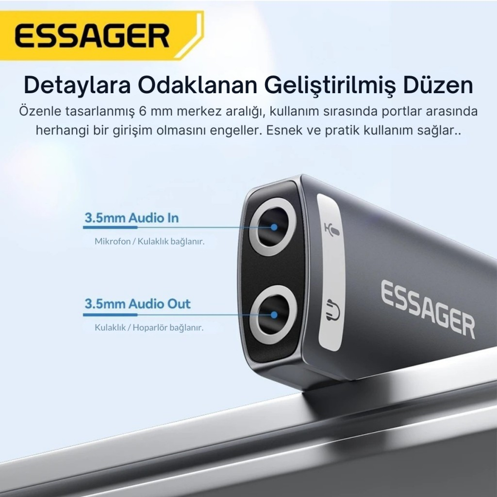 Essager 2in1 USB To 2x 3.5MM Aux Çevirici Adaptör, Kulaklık ve Mikforon Çevirici, Harici Ses Kartı