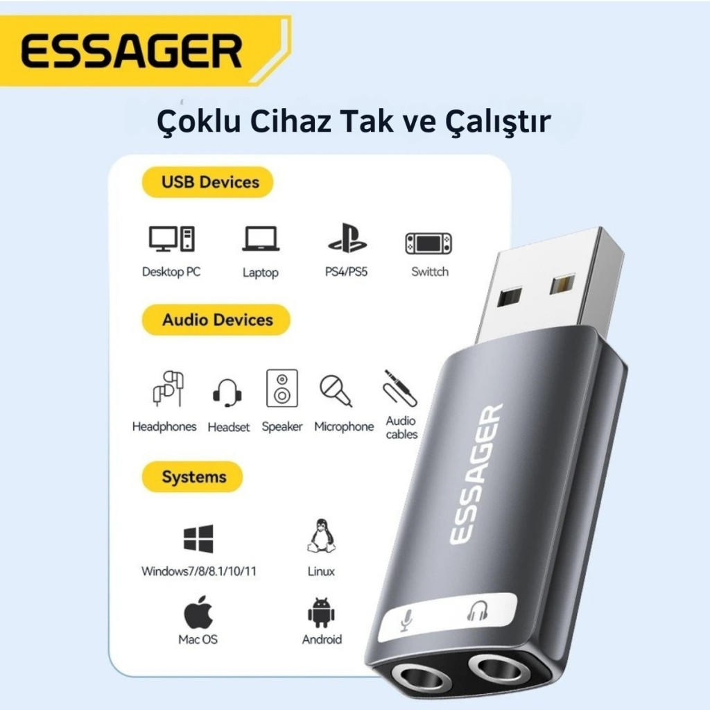Essager 2in1 USB To 2x 3.5MM Aux Çevirici Adaptör, Kulaklık ve Mikforon Çevirici, Harici Ses Kartı