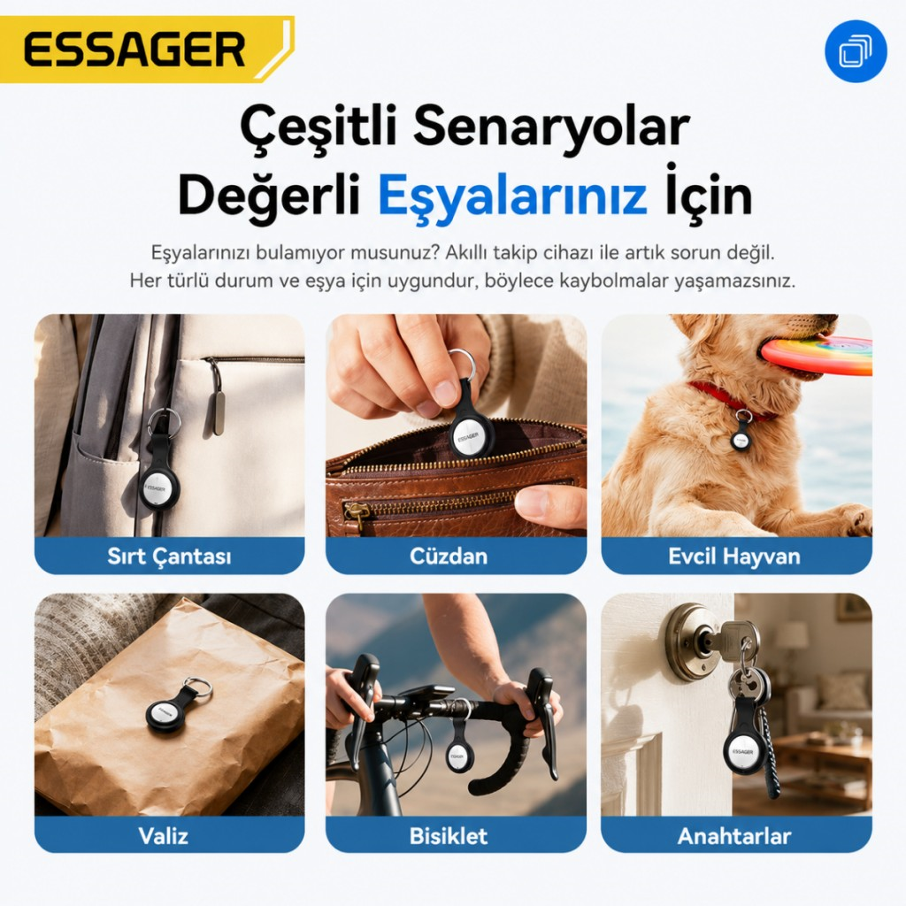 ESSAGER 4 Adet SET Akıllı SmartTag Takip Cihazı iPhone iOS Uyumlu Konum Bulucu Anahtar Çanta Valiz Takip Cihazı