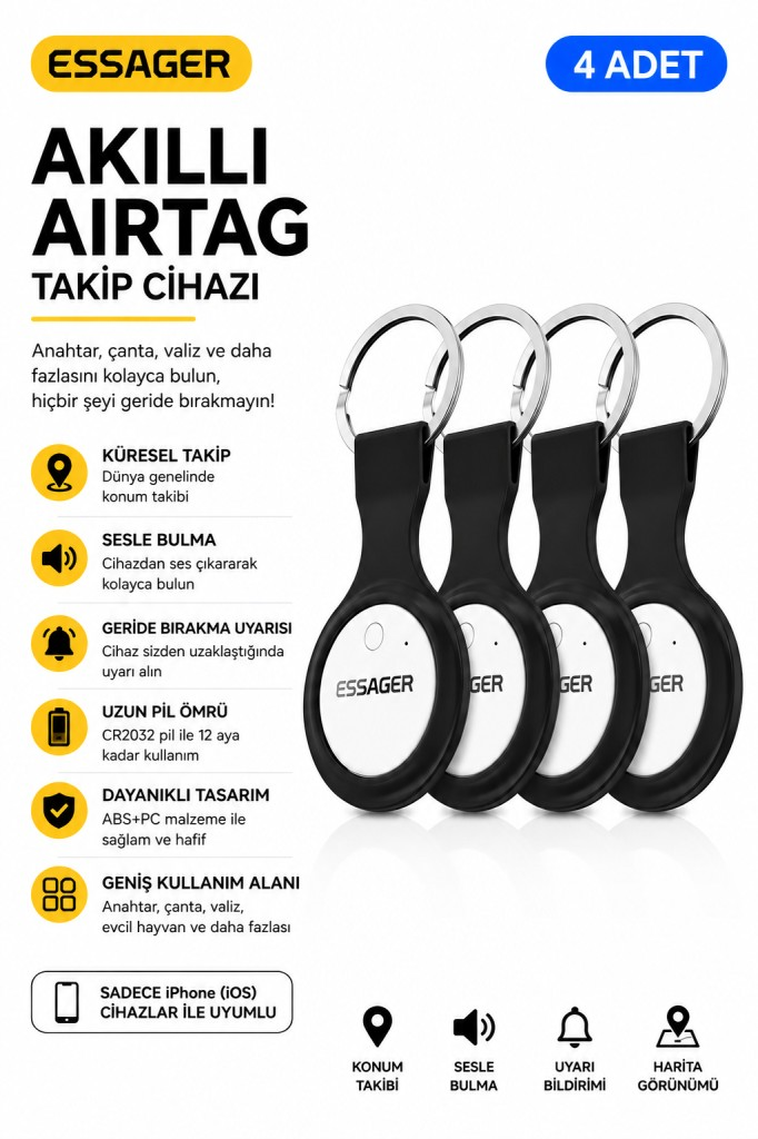 ESSAGER 4 Adet SET Akıllı SmartTag Takip Cihazı iPhone iOS Uyumlu Konum Bulucu Anahtar Çanta Valiz Takip Cihazı