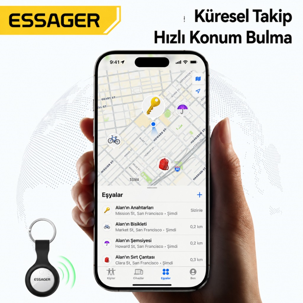 ESSAGER 4 Adet SET Akıllı SmartTag Takip Cihazı iPhone iOS Uyumlu Konum Bulucu Anahtar Çanta Valiz Takip Cihazı