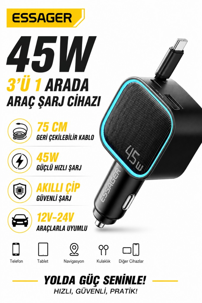 ESSAGER 45W Hızlı Şarj Araç Şarj Cihazı Type C 75cm Çekilebilir Kablo USB-C USB-A 3'lü Çıkış 12V/24V