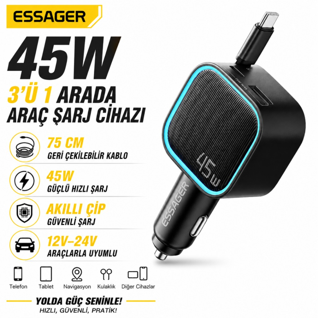 ESSAGER 45W Hızlı Şarj Araç Şarj Cihazı Type C 75cm Çekilebilir Kablo USB-C USB-A 3'lü Çıkış 12V/24V