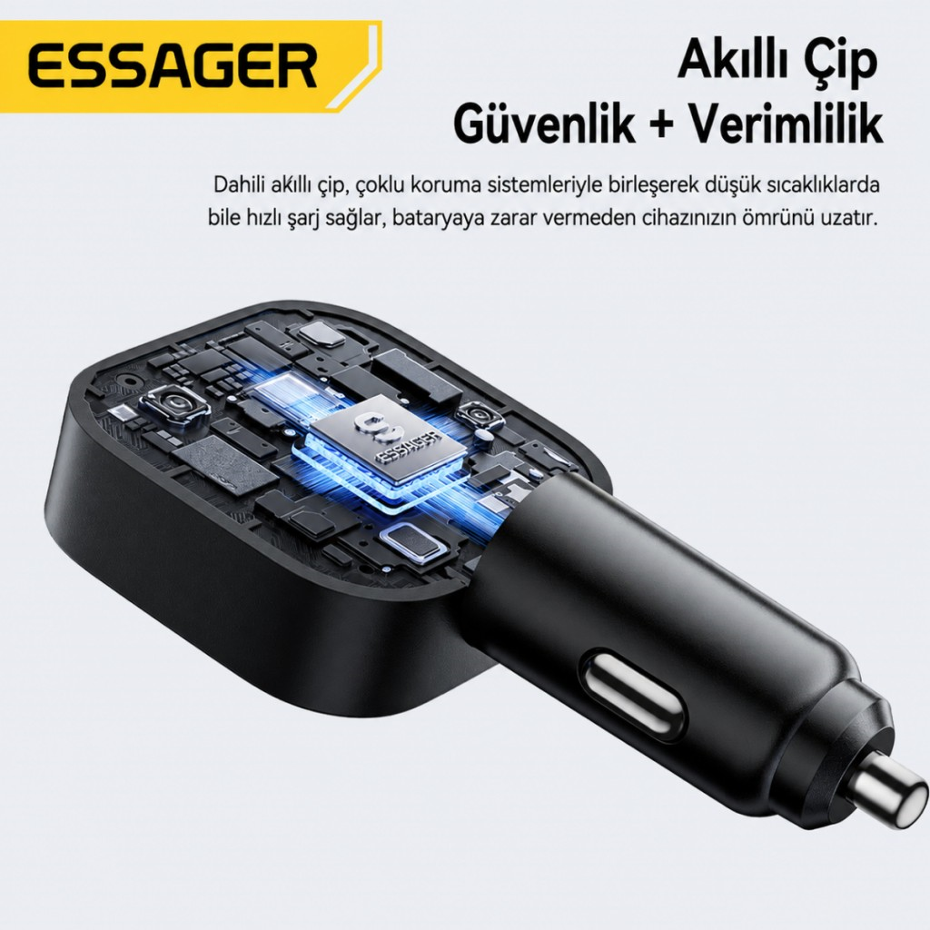 ESSAGER 45W Hızlı Şarj Araç Şarj Cihazı Type C 75cm Çekilebilir Kablo USB-C USB-A 3'lü Çıkış 12V/24V