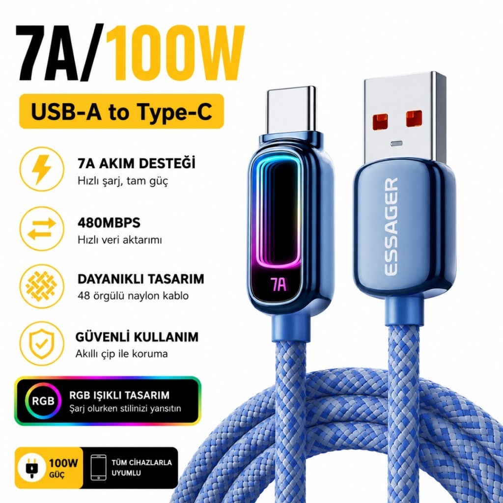 ESSAGER 7A 100W RGB Işıklı USB-A to Type-C Hızlı Şarj Kablosu – 480Mbps Veri Aktarımı, Örgülü Dayanıklı Kablo