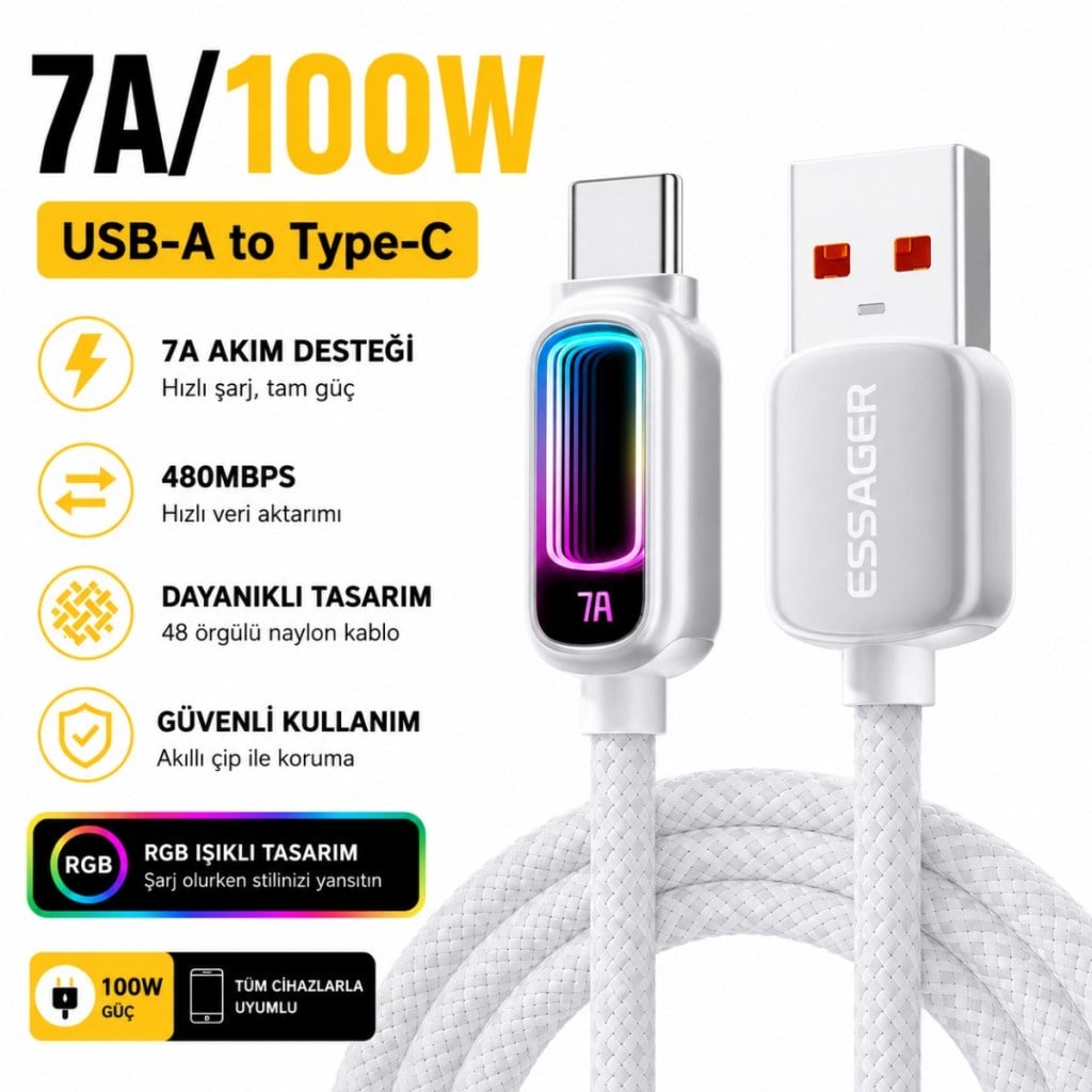 ESSAGER 7A 100W RGB Işıklı USB-A to Type-C Hızlı Şarj Kablosu – 480Mbps Veri Aktarımı, Örgülü Dayanıklı Kablo