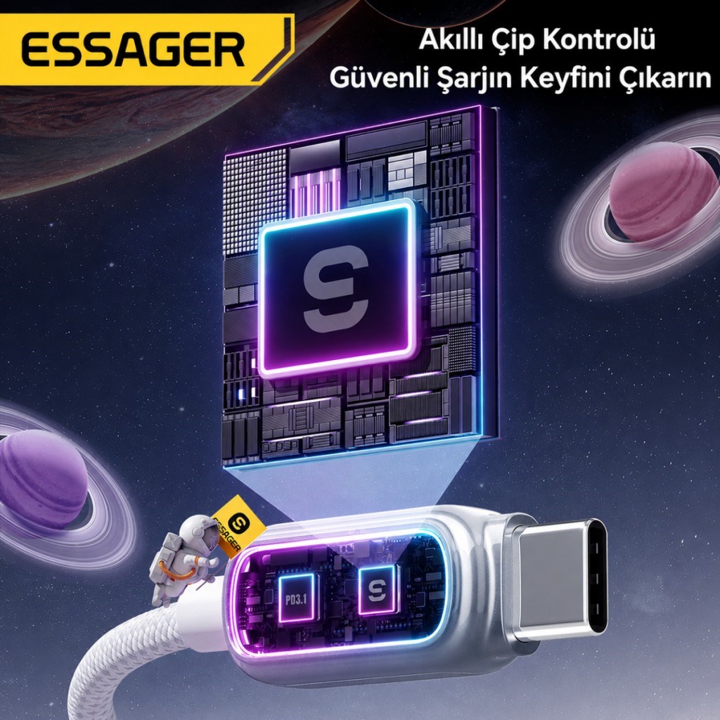 ESSAGER 7A 100W RGB Işıklı USB-A to Type-C Hızlı Şarj Kablosu – 480Mbps Veri Aktarımı, Örgülü Dayanıklı Kablo