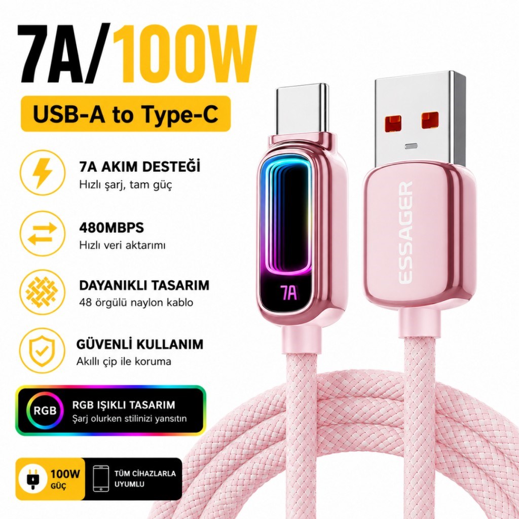 ESSAGER 7A 100W RGB Işıklı USB-A to Type-C Hızlı Şarj Kablosu – 480Mbps Veri Aktarımı, Örgülü Dayanıklı Kablo