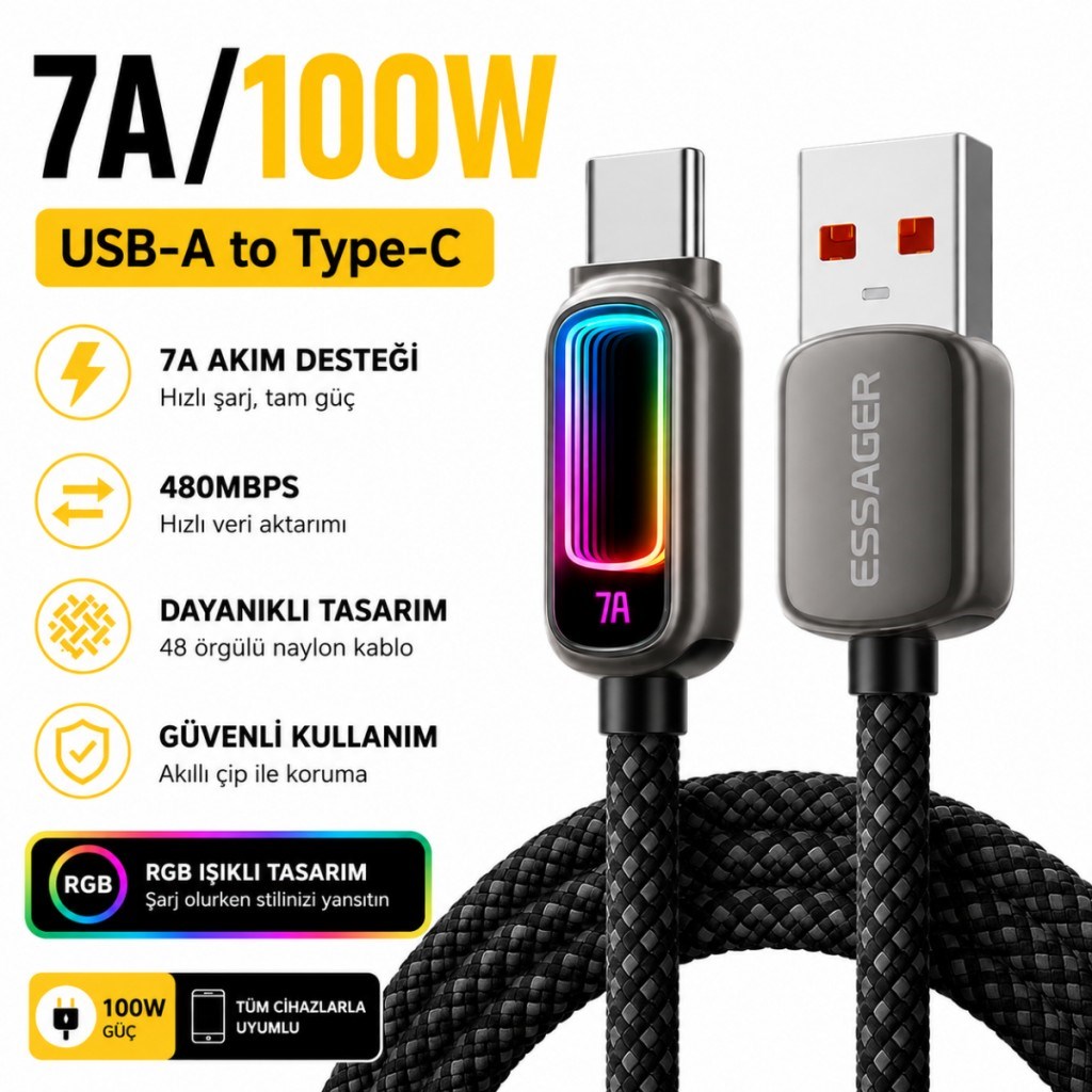 ESSAGER 7A 100W RGB Işıklı USB-A to Type-C Hızlı Şarj Kablosu – 480Mbps Veri Aktarımı, Örgülü Dayanıklı Kablo