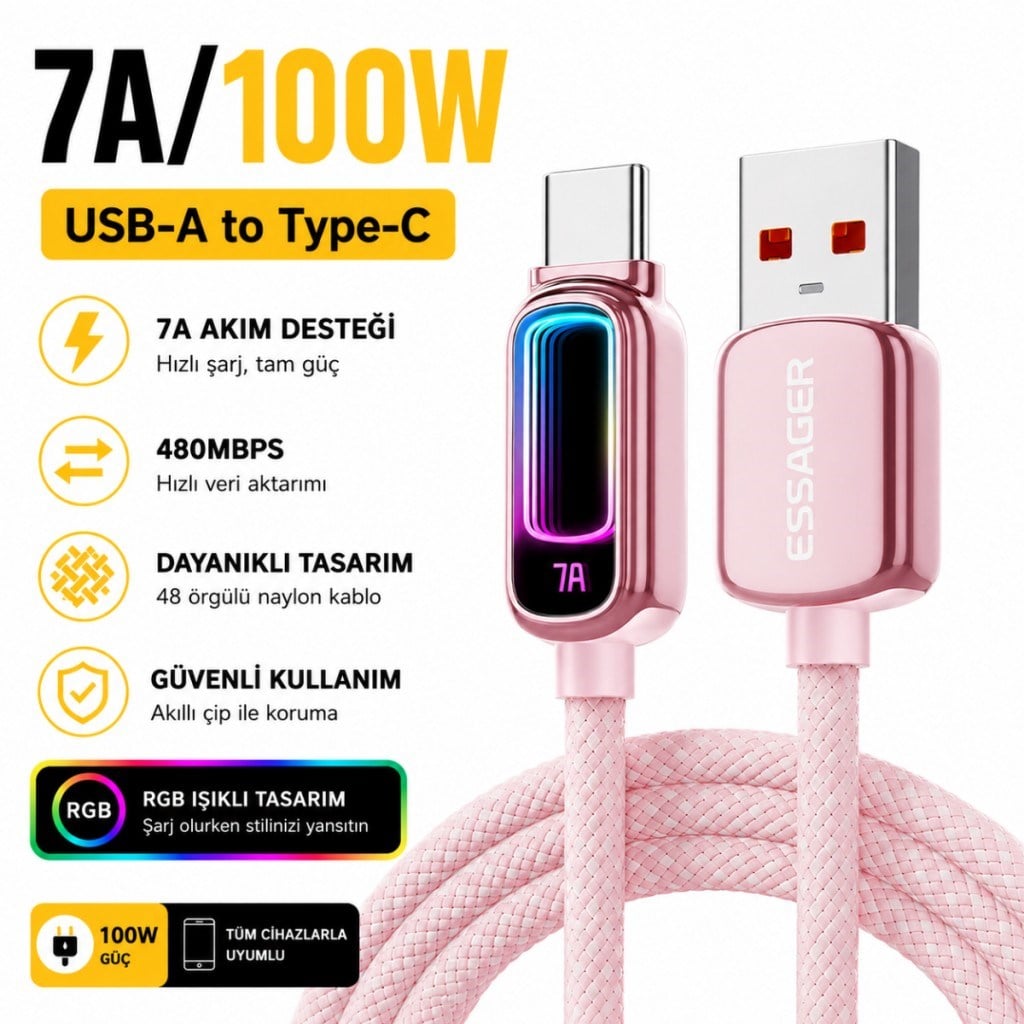 ESSAGER 7A 100W RGB Işıklı USB-A to Type-C Hızlı Şarj Kablosu – 480Mbps Veri Aktarımı, Örgülü Dayanıklı Kablo