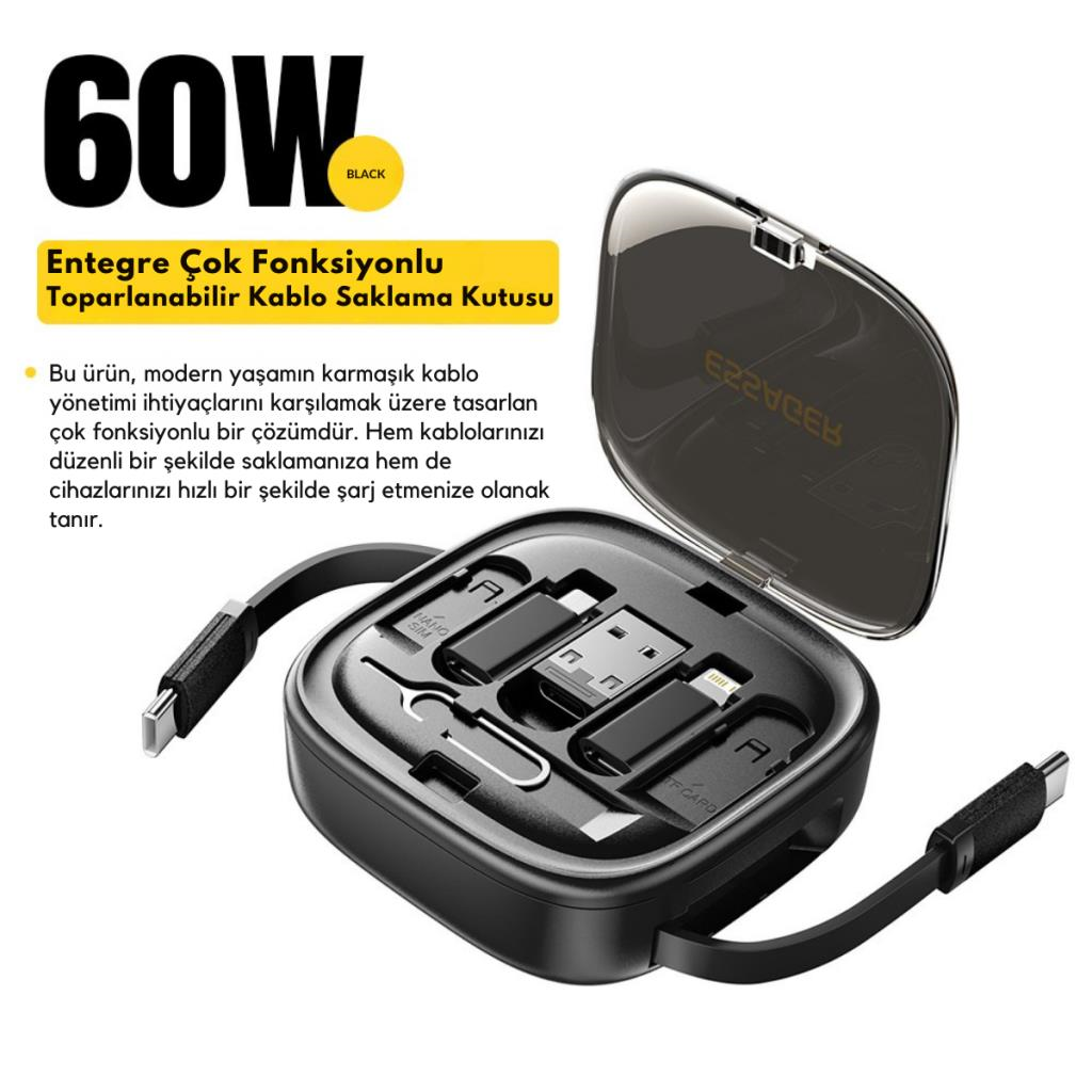 Essager 7in1 60W Çekilebilir Type C, Micro, İphone Lightning Kablolu, Dönüştürücü, Sim Aparatlı Seyahat Seti
