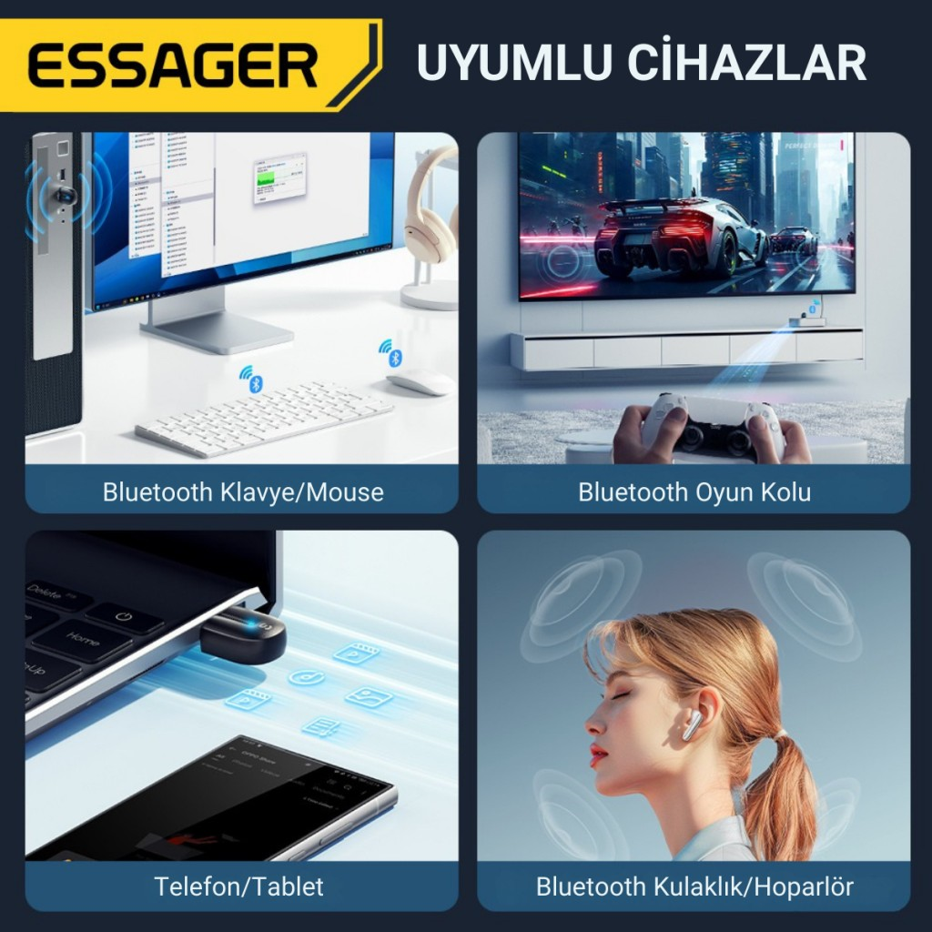 Essager Bluetooth 5.3 sürücüsüz tak-çalıştır Bluetooth Adaptörü, Tv, PC, Kulaklık, Ses Sitemi Uyumlu
