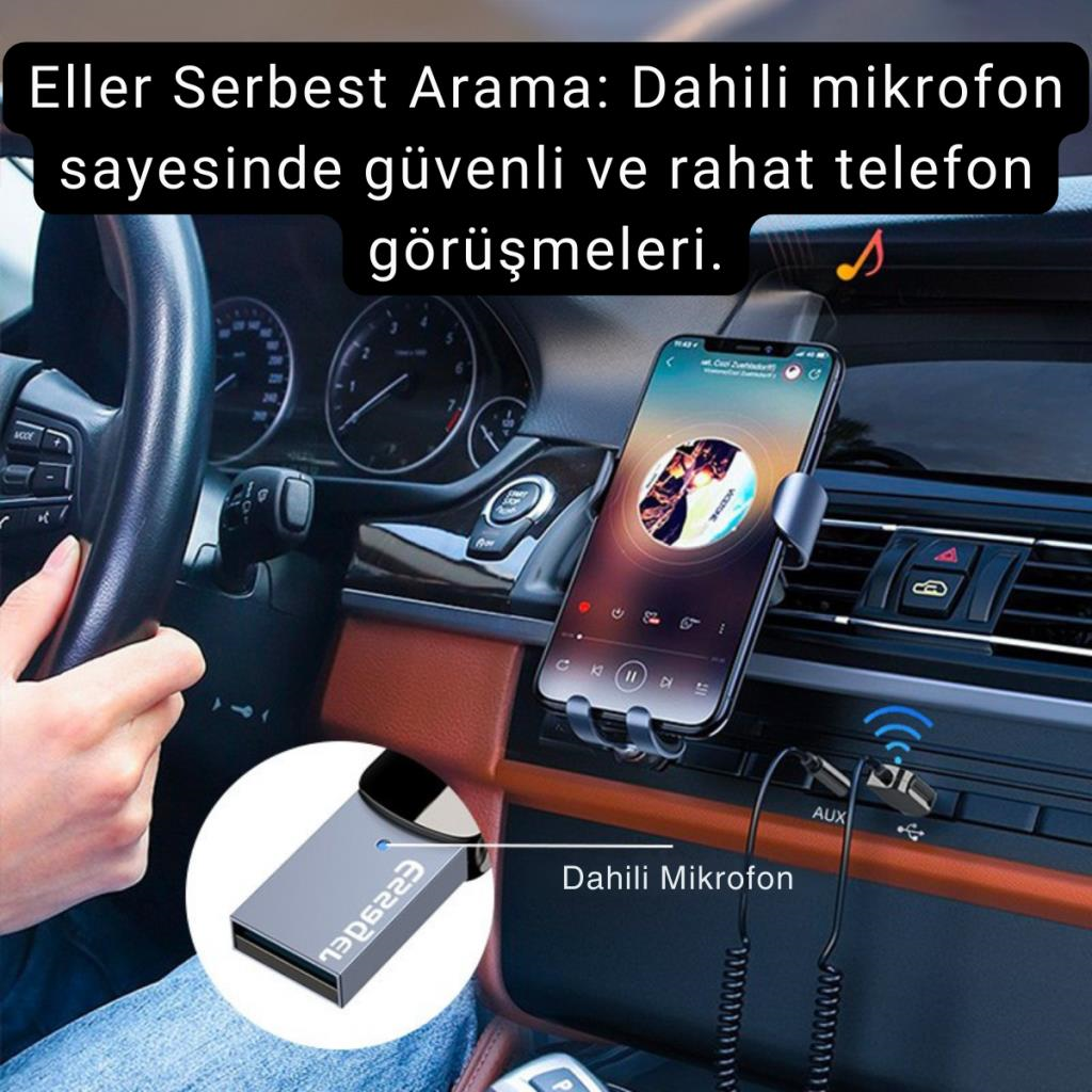 Essager Bluetooth 5.0 Araç Aux Adaptörü, Kablosuz Müzik, Telefon Görüşmesi İçin Kablosuz Ses Aktarıcı