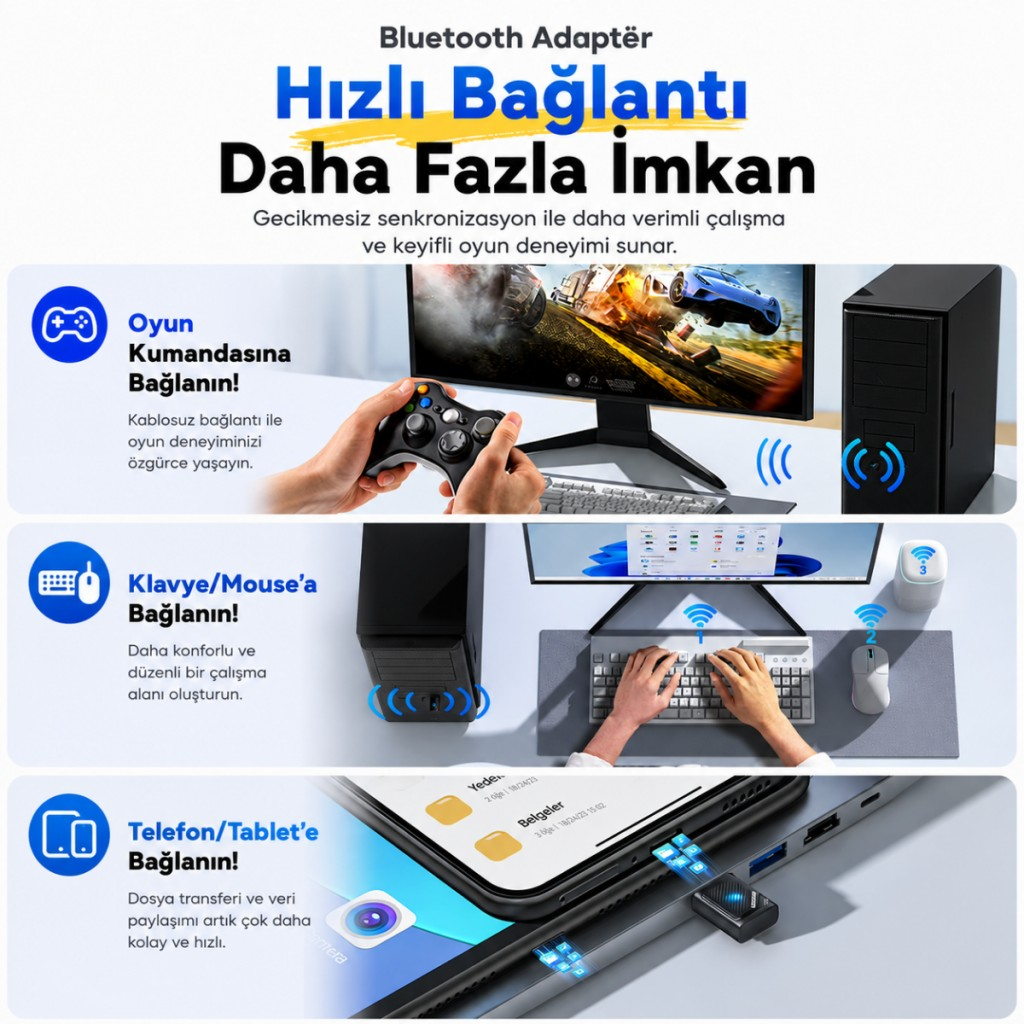 Essager Bluetooth 6.0 USB Adaptör – 20 Metre Menzil, 5 Cihaza Kadar Bağlantı, Tak Çalıştır, Windows Uyumlu