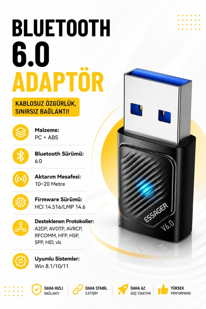 Essager Bluetooth 6.0 USB Adaptör – 20 Metre Menzil, 5 Cihaza Kadar Bağlantı, Tak Çalıştır, Windows Uyumlu