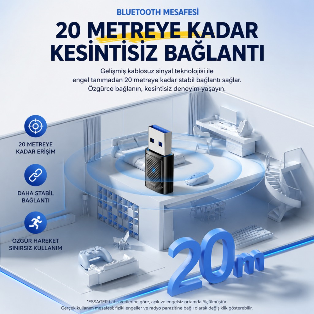 Essager Bluetooth 6.0 USB Adaptör – 20 Metre Menzil, 5 Cihaza Kadar Bağlantı, Tak Çalıştır, Windows Uyumlu