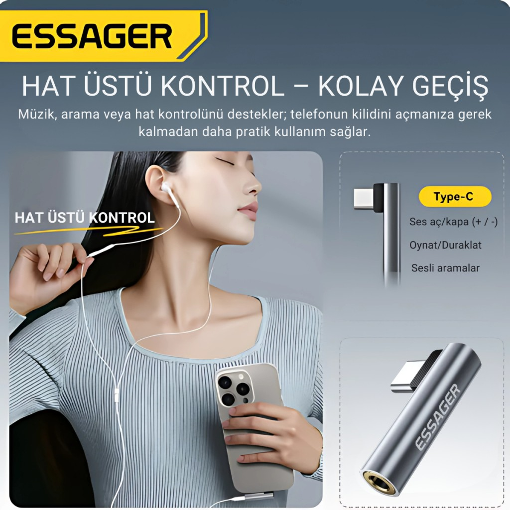 ESSAGER L Tip Type-C to 3.5mm Ses ve Kulaklık Çıkışı, Hifi Ses Destekli, Telefon, Tablet, PC Uyumlu