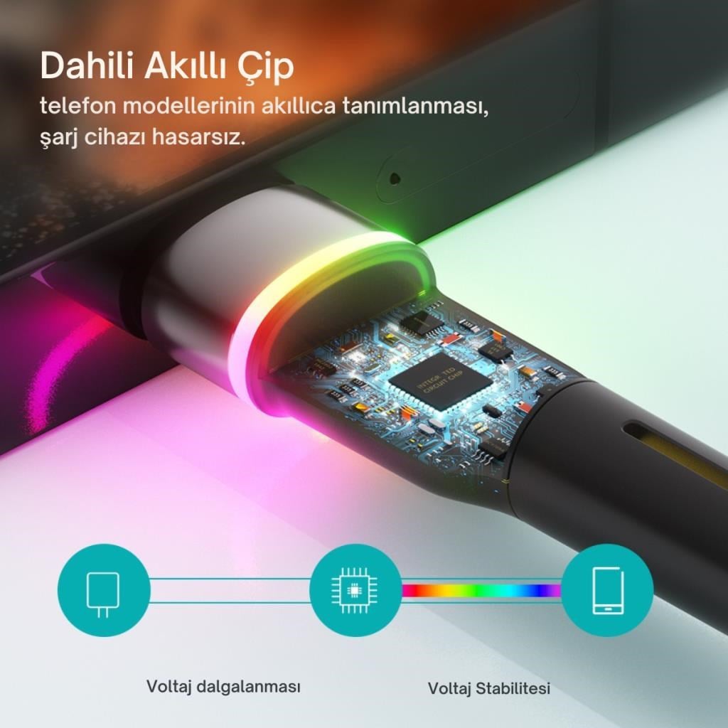 Essager LEd Işıklı 2 Metre 3A USB to Type-C Ultra Hızlı Şarj Kablosu,Dayanıklı Renkli Led Işıklı Kablo