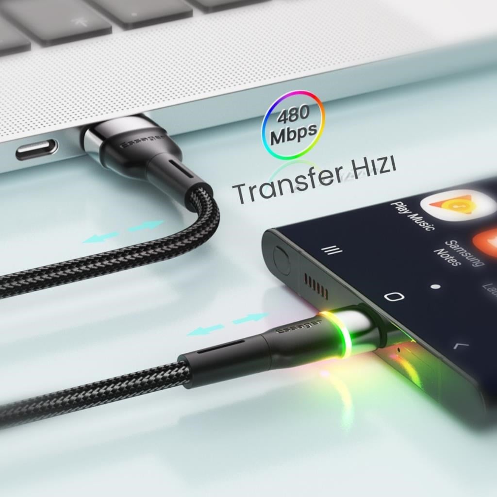 Essager LEd Işıklı 2 Metre 3A USB to Type-C Ultra Hızlı Şarj Kablosu,Dayanıklı Renkli Led Işıklı Kablo