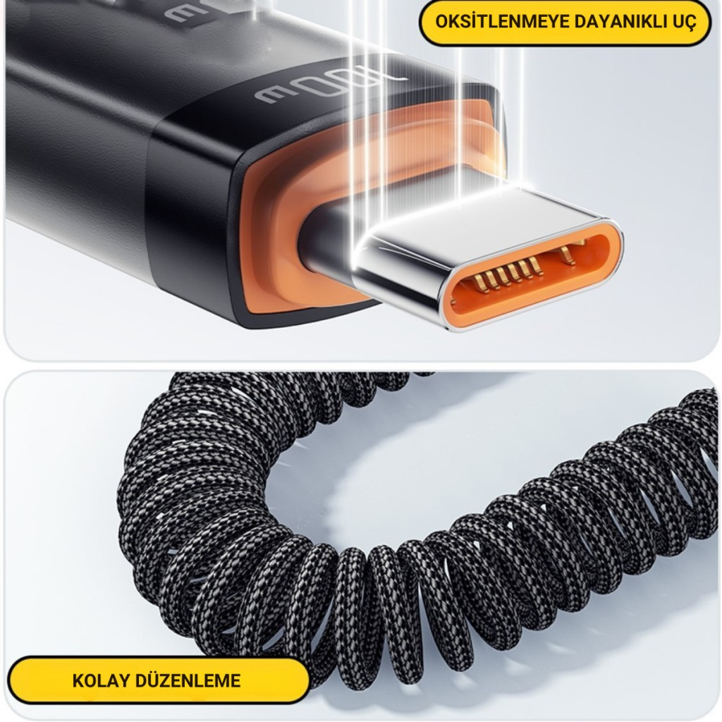 Essager PD 100W Type-C to Type-C 1.8m Yaylı Spiral Data ve Hızlı Şarj Kablosu, Kopmaz, Karışmaz Kablo