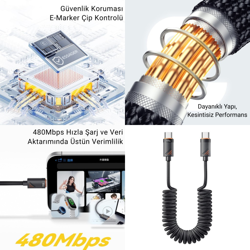 Essager PD 100W Type-C to Type-C 1.8m Yaylı Spiral Data ve Hızlı Şarj Kablosu, Kopmaz, Karışmaz Kablo