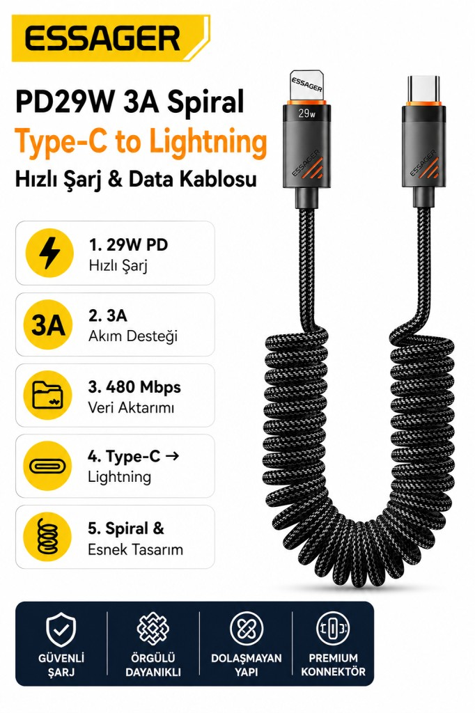 Essager PD29W 3A Type-C to Lightning Spiral Hızlı Şarj ve Data Kablosu l Örgülü Esnek Araç İçi iPhone Şarj Kablosu
