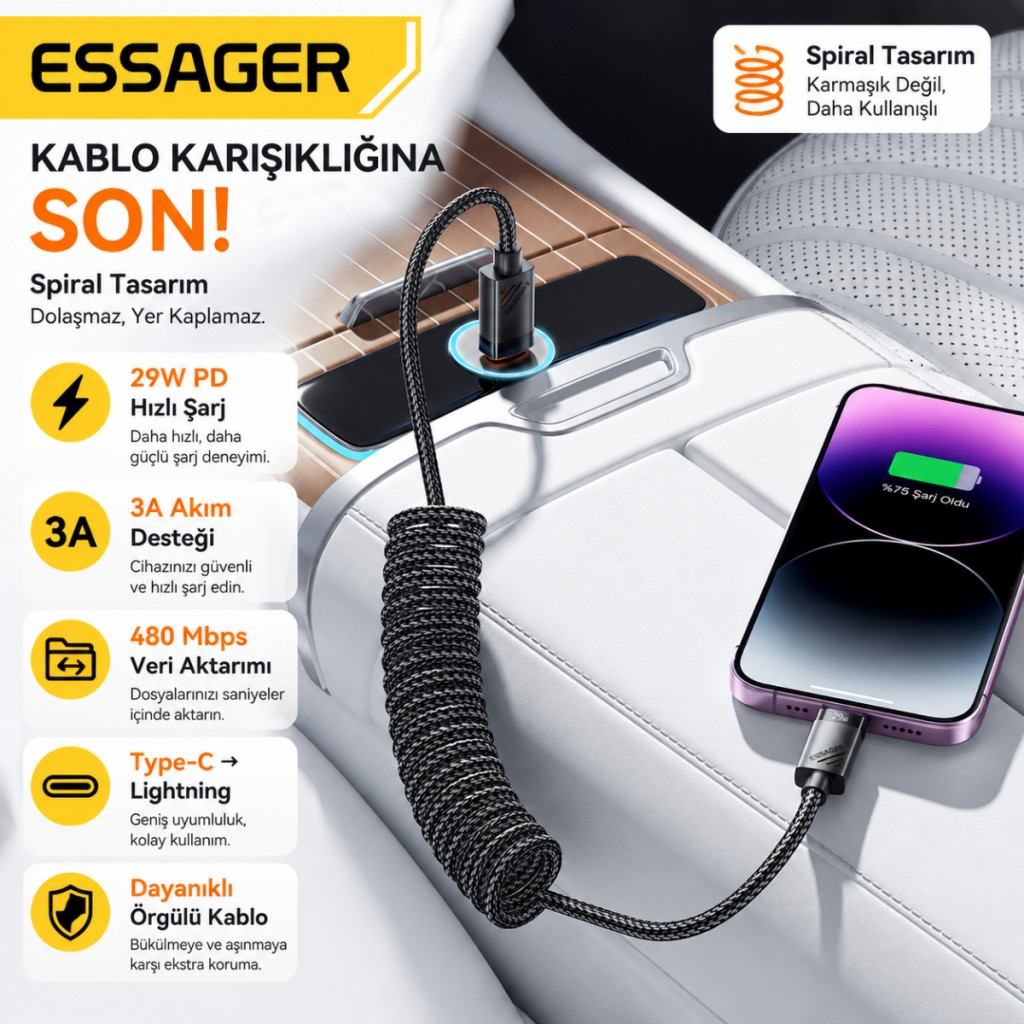 Essager PD29W 3A Type-C to Lightning Spiral Hızlı Şarj ve Data Kablosu l Örgülü Esnek Araç İçi iPhone Şarj Kablosu