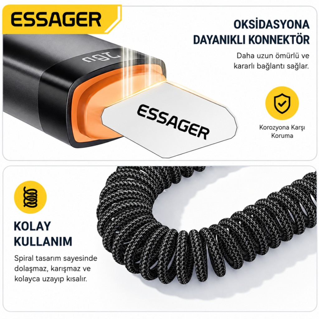 Essager PD29W 3A Type-C to Lightning Spiral Hızlı Şarj ve Data Kablosu l Örgülü Esnek Araç İçi iPhone Şarj Kablosu