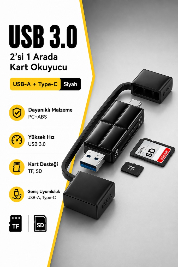 Essager USB 3.0 Type-C + USB-A 2in1 Arada SD/TF Kart Okuyucu – Yüksek Hızlı Hafıza Kartı Adaptörü