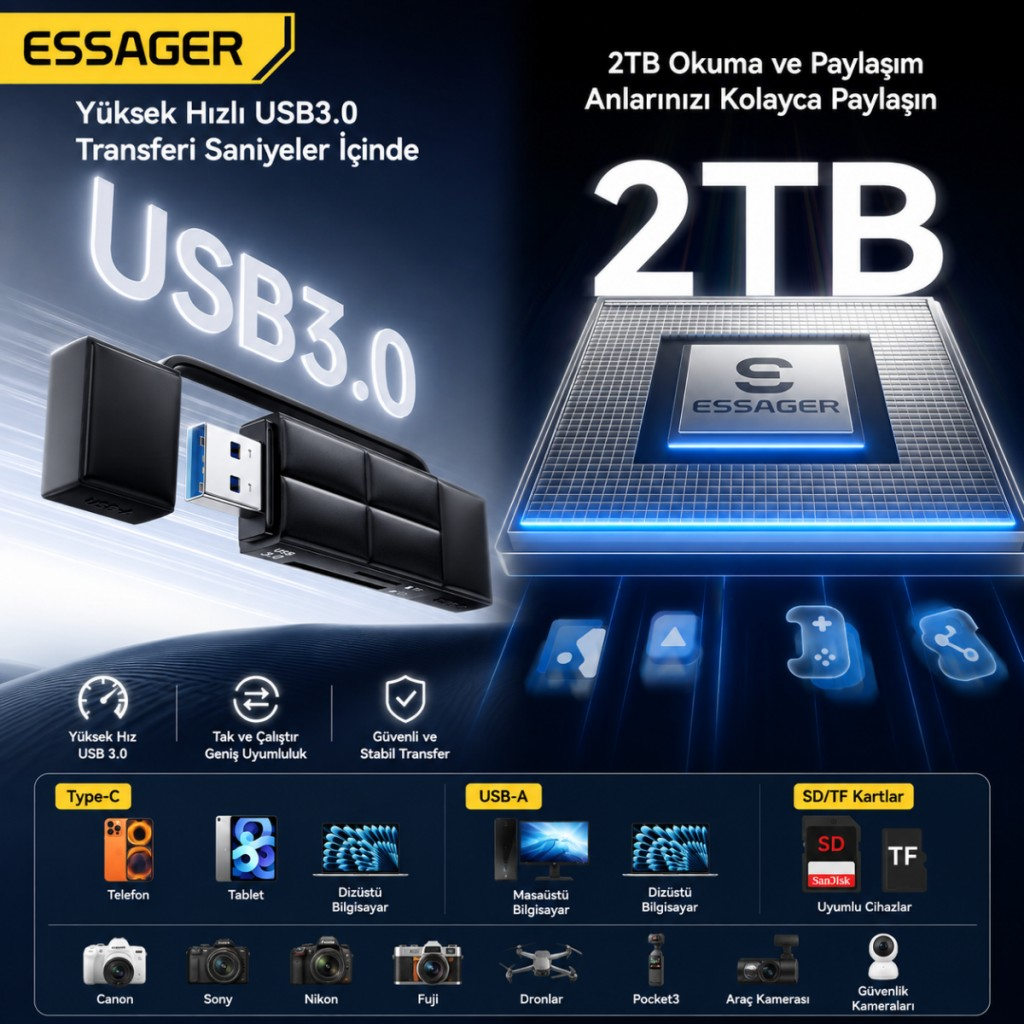 Essager USB 3.0 Type-C + USB-A 2in1 Arada SD/TF Kart Okuyucu – Yüksek Hızlı Hafıza Kartı Adaptörü