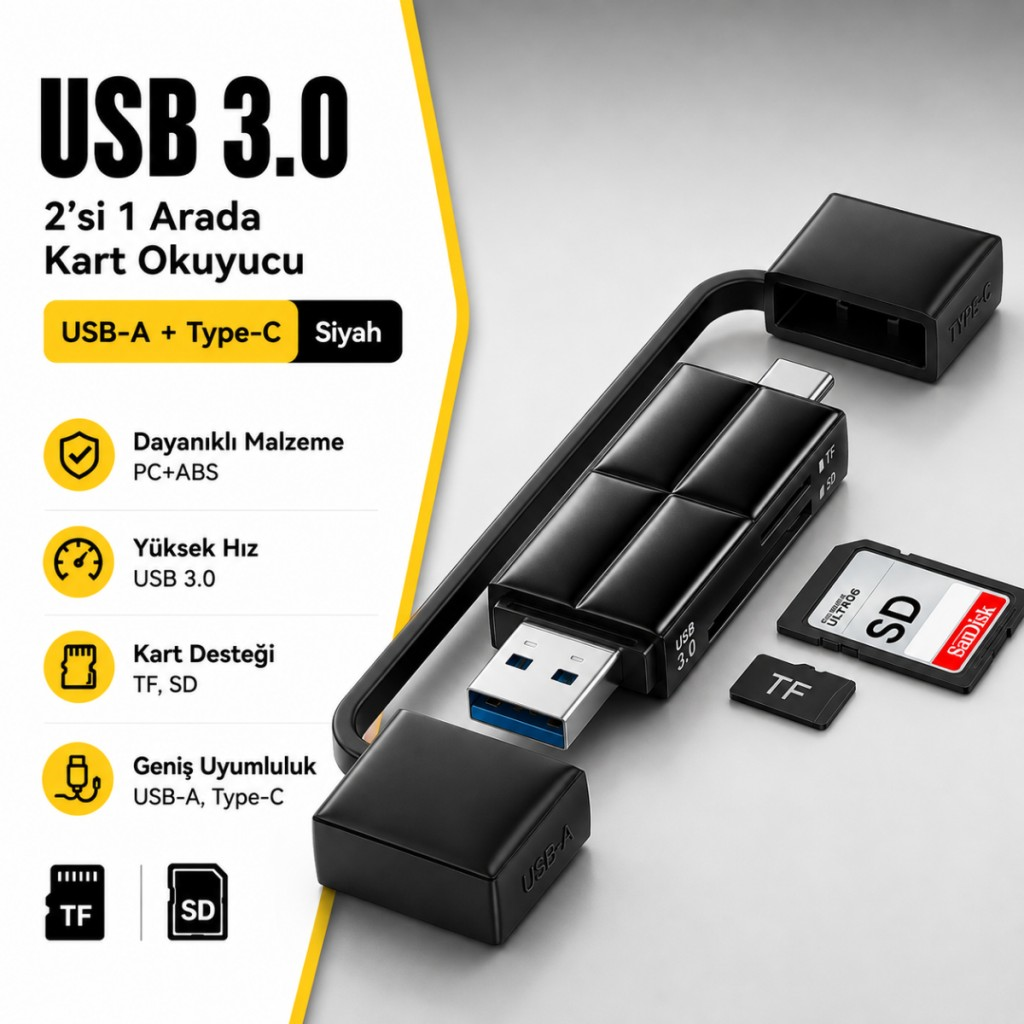 Essager USB 3.0 Type-C + USB-A 2in1 Arada SD/TF Kart Okuyucu – Yüksek Hızlı Hafıza Kartı Adaptörü
