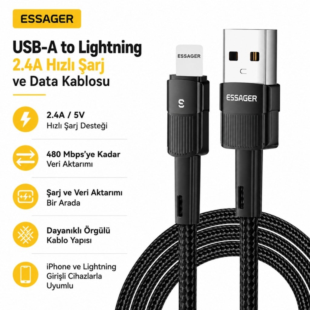 Essager USB-A to Lightning 2.4A Hızlı Şarj ve Data Kablosu – 480 Mbps Veri Aktarımı – Dayanıklı Örgülü Kablo