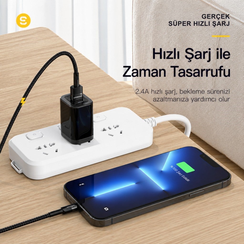 Essager USB-A to Lightning 2.4A Hızlı Şarj ve Data Kablosu – 480 Mbps Veri Aktarımı – Dayanıklı Örgülü Kablo