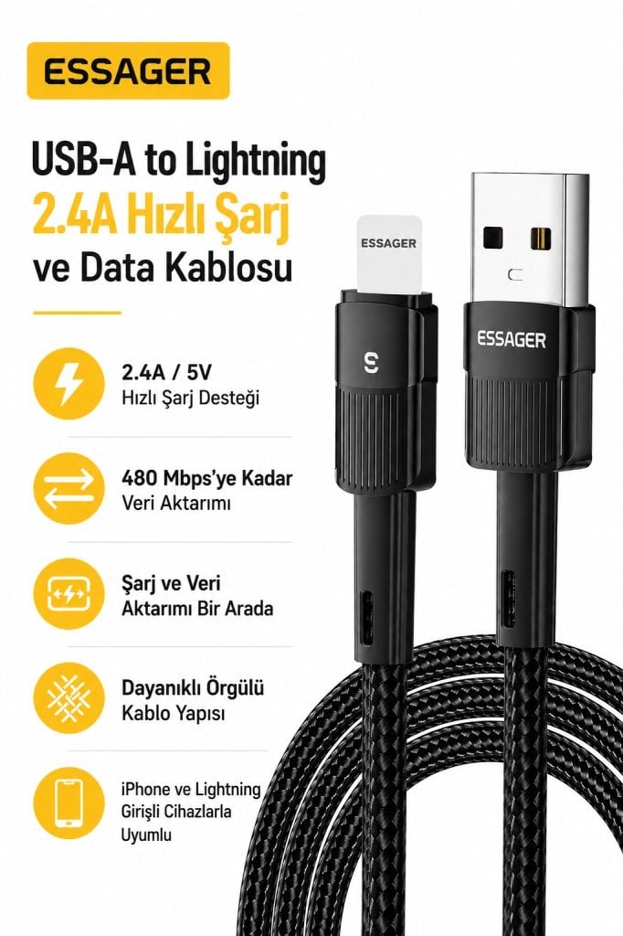 Essager USB-A to Lightning 2.4A Hızlı Şarj ve Data Kablosu – 480 Mbps Veri Aktarımı – Dayanıklı Örgülü Kablo