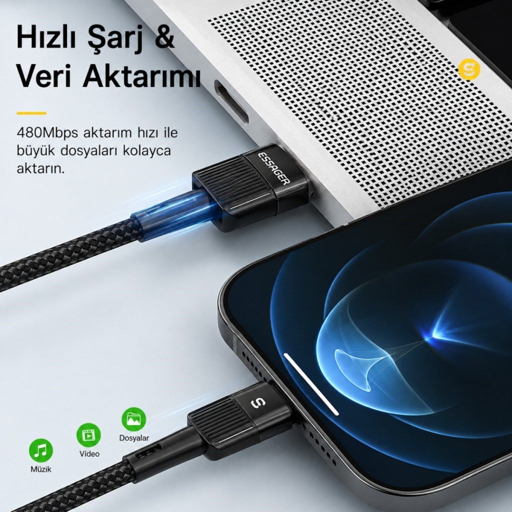 Essager USB-A to Lightning 2.4A Hızlı Şarj ve Data Kablosu – 480 Mbps Veri Aktarımı – Dayanıklı Örgülü Kablo